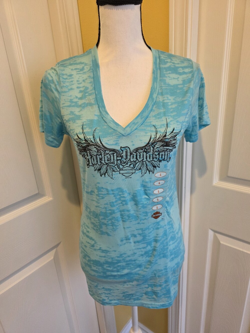 HARLEY DAVIDSON BLUE CAMO V NECK T SHIRT, SIZE L, NEW
